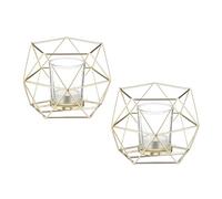 Relaxdays Portacandele, Set da 2, Metallo, Design Geometrico, HxLxP: 10 x 13 x 12 cm, con Contenitore in Vetro, Dorato
