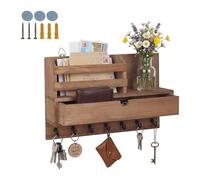 Relaxdays Portachiavi da Parete con cassetto e ripiano, Marrone | Organizer chiavi, 7 ganci, AxLxP: 22x34x10 cm, legno