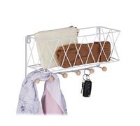 Relaxdays Portachiavi da Muro con Mensola, Accessorio 2in1, Metallo & Legno, Ganci Appendiabiti e Contenitore, Bianco, Ferro, 1 pz