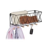 Relaxdays Portachiavi da Muro con Mensola, Accessorio 2in1, Metallo & Legno, Ganci Appendiabiti e Contenitore, Nero, Ferro