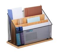 Relaxdays Raccoglitore da Scrivania, 3 Scomparti Porta Documenti e Lettere, Ferro e bambù, HLP 20x29x14cm, Naturale Nero