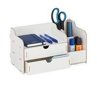 Relaxdays Portadocumenti da Scrivania, 3 Scomparti 2 Cassetti, Portapenne HLP: 17x33x19 cm, Ufficio e Scuola, Bianco