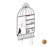 Relaxdays Portagioie da Parete, Collane, Orecchini e Bracciali, con Uccellino Decorativo, HLP: 44,5x25,5x4,5 cm, Nero, Ferro, 1 pz