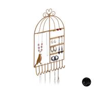 Relaxdays espositore Portagioie da Parete, Collane, Orecchini e Bracciali, con Uccellino Decorativo, HLP: 44,5x25,5x4,5 cm, Dorato, Ferro, 44.5 x 25.5 x 4.5 cm