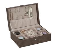 Relaxdays Portagioie, Organizer per Gioielli, Cofanetto Portabijoux, Similpelle, Comò e Scrivania, 10x29x20 cm, Marrone