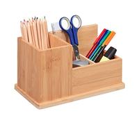 Relaxdays Portaoggetti da Scrivania, bambù, Organizer Ufficio, 3 Scomparti Portapenne, 14x24,5x14 cm, Colore Naturale, 14 x 24,5 x 14 cm ca