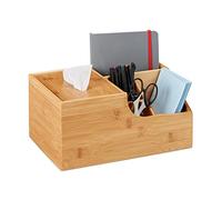 Relaxdays Portaoggetti da Scrivania con Portafazzoletti Integrato, 4 Scomparti, Bambù, HLP 14 x 29 x 19,5 cm, naturale