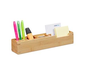 Relaxdays Portaoggetti da Scrivania in Bambù, 11 Scomparti, Organizzatore da Ufficio & Studio, HLP 6 x 32 x 7 cm, legno