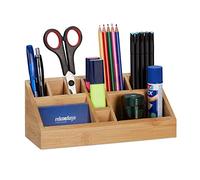 Relaxdays Portaoggetti da Scrivania, Portapenne Rettangolare in bambù, 10 Scomparti, Design Moderno,9,5x23x9 cm,Naturale, 1 pz