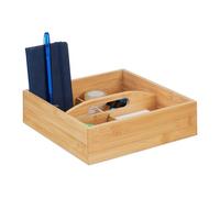 Relaxdays Portaoggetti da Scrivania, Scatola con 4 Scomparti e Manico, 6,5 x 25 x 25 cm, per Bagno, Ufficio, Naturale, bambù