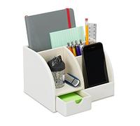 relaxdays Portaoggetti da Scrivania, Similpelle, Organizer Ufficio & Studio, 4 Scomparti, Portapenne,13x19x15 cm, Bianco, 13 x 19 x 15 cm