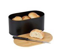Relaxdays portapane bambù e Acciaio con Coperchio Come Tagliere, HLP: 15,5x34x18,5 cm, Nero