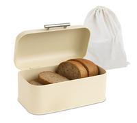 Relaxdays Cassetta Portapane con Coperchio Metallo, Sacchetto Pane, 15,5x30x21 cm, Contenitore Salvafreschezza, Beige, Alluminio, Ferro, Cotone