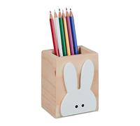 Relaxdays Portapenne da Scrivania in Camera, Design Coniglio, HLP: 10x8x6 cm, Box Portamatite, Legno, Naturale Bianco, 10 x 8 x 6 cm