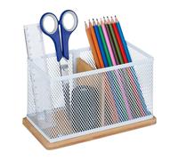 Relaxdays Portapenne da Scrivania, bambù e Metallo, Portamatite, Porta Pennelli, HxLxP: 11 x 19 x 10 cm, Naturale Bianco, Ferro