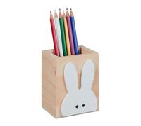 Relaxdays Portapenne da Scrivania in Camera, Design Coniglio, HLP: 10x8x6 cm, Box Portamatite, Legno, Naturale Bianco, 10 x 8 x 6 cm