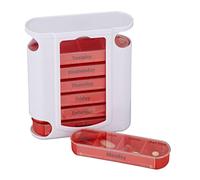 Relaxdays Portapillole 7 Giorni, Tower Pastiglie Settimanale, 4 Scomparti, in Inglese, Organizer Porta Pillola, Coperchio Scorrevole, PP, Bianco Rosso, 13 x 11,5 x 4,5 cm, 170 unità