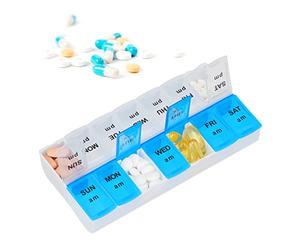 Relaxdays Portapillole 7 Giorni, Scomparti Mattino e Sera, in Inglese, Contenitore per Farmaci Settimanale, Bianco Blu