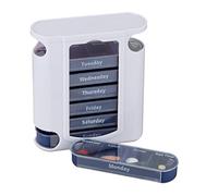 Relaxdays Portapillole 7 giorni, settimanale, 4 scomparti, bianco/blu | Portamedicinali, coperchio scorrevole