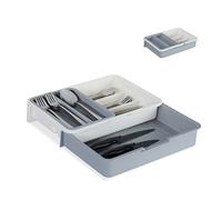 Relaxdays, grigio Portaposate da Cassetto, Regolabile, 7 Scomparti, Posate & Accessori Cucina, Plastica, 6x23,5x31,5 cm