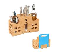 Relaxdays Portaposate in bambù, HLP: 20 x 33 x 17 cm, Porta Utensili e Mestoli, da Tavola, Scomparto Tagliere, Naturale