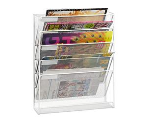 Relaxdays Portariviste a Parete, Espositore Orizzontale A4 5 Scomparti Portadocumenti, HLP 40,5 x 32,5 x 10,5 cm, Bianco