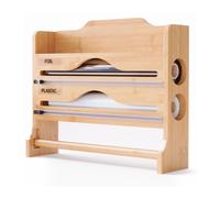 Portarotolo da Parete Relaxdays 3 in 1, per Cucina, Alluminio e Pellicola, bambù, HxLxP: 27 x 35 x 9 cm, Naturale