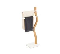 Relaxdays Portasciugamani a 2 Bracci Sfalsati, Piantana da Bagno, 86x37x18 cm, Porta Asciugamani, Ferro e Legno, Bianco, Plastica