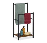 Relaxdays Portasciugamani a 2 Bracci e Ripiano, Piantana Bagno, 80x40x28 cm, Porta Asciugamani Ferro e MDF, Marrone Nero