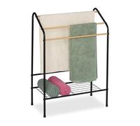 Relaxdays Portasciugamani a 3 Bracci e Ripiano, Piantana da Bagno, 84,5x60,5x31cm, Porta Asciugamani Ferro, Nero Marrone