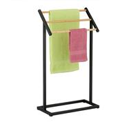 Relaxdays Portasciugamani a 3 Bracci, Piantana Autoportante da Bagno e Cucina, Porta Asciugamani in Ferro Nero e Marrone, 80x45x21,5 cm