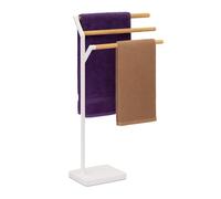Relaxdays Portasciugamani a 3 Bracci Sfalsati, Piantana da Bagno, 75x38,5x18 cm, Porta Asciugamani, Ferro, bambù, Bianco