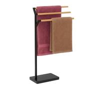 Relaxdays Portasciugamani a 3 Bracci Sfalsati, Piantana da Bagno, 75x38,5x18 cm, Porta Asciugamani, Ferro e bambù, Nero, Plastica