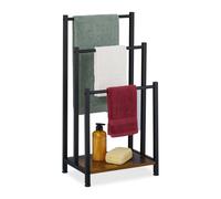 Relaxdays Portasciugamani a 3 Bracci e Ripiano, Piantana Bagno, 80x40x28 cm, Porta Asciugamani Ferro e MDF, Nero Marrone, Fibra di Legno