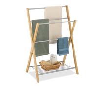 Relaxdays Portasciugamani a 4 Bracci, Ripiano Porta Asciugamani, Piantana da Bagno in Ferro e bambù, Naturale Argentato, 87x60,5x37,5 cm
