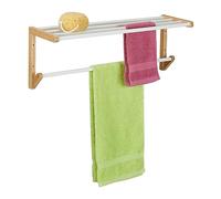 Relaxdays Portasciugamani da Parete, HLP 25x70x20 cm, Mensola da Bagno con Aste per Asciugamani e Ripiano Bianco Marrone, bambù