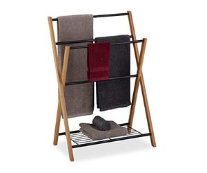 Relaxdays Portasciugamani da Terra, Piantana a 4 Aste, Ripiano, Metallo e Bambù, HxLxP: 87x60,5x37,5 cm, Nero Marrone