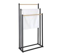 Relaxdays Portasciugamani da Terra, Piantana da Bagno con 3 Aste Porta Asciugamani e Salviette, Ferro, 86x44x21 cm, Nero, Marrone Chiaro, 86 x 44 x 21 cm