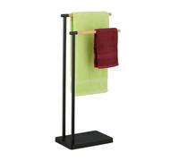 Relaxdays Piantana Portasciugamani Autoportante, 2 Bracci in bambù e Supporto in Acciaio, Porta Asciugamani Bagno, Nero, Inox, HLP: 78 x 36,5 x 20 cm