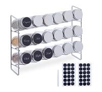 Relaxdays Portaspezie con 18 Barattoli in Vetro per Spezie, Spice Rack con 36 Etichette, HLP: 22x29x9,5 cm, Argentato