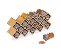 Relaxdays Portaspezie con 18 Dosatori, Bambù, Vetro, Organizer per Erbe Aromatiche, HLP 18x44x9,5 cm, Legno Naturale