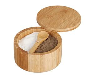 Relaxdays Portaspezie con Coperchio Magnetico e Cucchiaino, 2 Scomparti per Spezie, HxD: 6,5x12,5 cm, bambù, Naturale