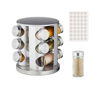 Relaxdays Portaspezie da Cucina, 12 Barattoli, 40 Etichette, Girevole a 360°, Acciaio Inox e Vetro, 22 x 22 cm, Argento, 22 x 22 x 22 cm
