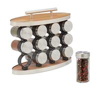 Relaxdays Portaspezie da Cucina, 12 Barattoli in Vetro, Inserto Spargispezie, Manico, HLP: 23,5x28x12 cm, Argento Natura, Fibra di Legno