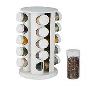 Relaxdays Portaspezie da Cucina, 20 Barattoli, Fori Spargispezie, Girevole a 360°, HxD: 33,5x19cm, Effetto Legno, Bianco, Acciaio Inox