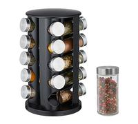 Relaxdays Portaspezie da Cucina, 20 Barattoli Spezie, 80 ml, Girevole a 360°, in Acciaio Inox e Vetro, 34,5x22 cm, Nero