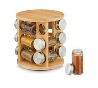 Relaxdays Portaspezie da Cucina, 12 Barattoli Spezie, Fori Spargispezie, Girevole a 360°, HxD: 21x21 cm, bambù, Naturale