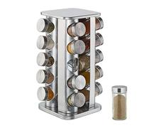 Relaxdays Portaspezie Girevole con 20 Barattoli, Organizer Rotante a 360° Salvaspazio, in Acciaio, HxD 34x19 cm, Argento