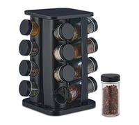 Relaxdays Portaspezie Girevole da Cucina, 16 Barattoli, Rotante a 360°, HLP: 27,5x20x20 cm, Acciaio Inox e Vetro, Nero