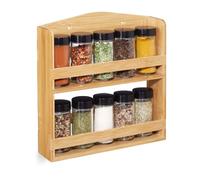 relaxdays Portaspezie Legno, 10 Barattoli Vetro, Coperchio Forato & Chiusura Avvitata, da Parete & Tavolo, Bambù,natural
